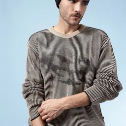 Men Striped Round Neck Black Sweater-image-3