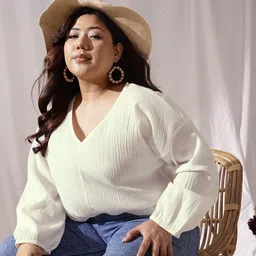 curvy street Casual Regular Sleeves Self Design Women White Top-picture-20