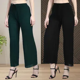 irha Women Relaxed Green, Black Polyester Trousers-picture-13