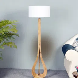 sapphire White Cloth Shade Club Floor Lamp With Mango wood Base image 2