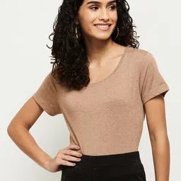 Women Self Design Round Neck Polycotton Brown T-Shirt-image-4