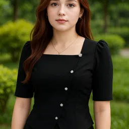 icevila Casual Puff Sleeves Solid Women Black Top image 1