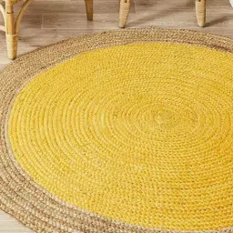 Yellow Geometric Jute 3 ft x 3 ft Hand Woven Carpet by HabereIndia-picture-22