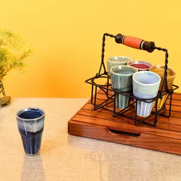 aakriti art creations Multicolor Ceramic and Metal 7 Pcs Glasses With Stand image 1