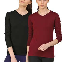 ap'pulse Pack of 2 Women Solid V Neck Cotton Blend Maroon, Black T-Shirt-picture-15