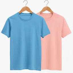 royal club tshirt Pack of 2 Men Solid Round Neck Polyester Blue, Pink T-Shirt image 2