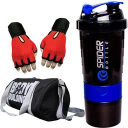 Snipper Combo Of BodyBuilding (Black) Gym Bag, Gloves (Red) And Spider Shaker (Blue) Fitness Accessory Kit Kit-image-39