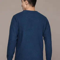 roadster Men Self Design Round Neck Blue Sweater image 2