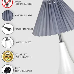 glowhere Matte White Bedside Lamp, Pleated Grey Fabric Shade, E27 Bedside & Living Room Table Lamp image 5