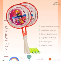 movex Morex Lightweight Badminton Racket Set with 3pcs Plastic Shuttlecocks For Kids Red Strung Badminton Racquet image 3
