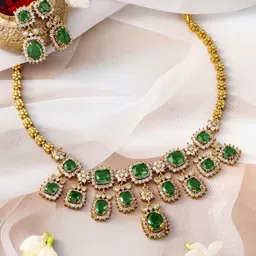 Rubans 22K Gold-Plated Emerald Green Stone & Sparkling Cubic Zirconia Studded Necklace Set-picture-33