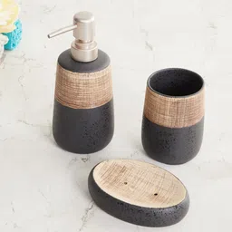 Home Centre Set Of 3 Black & Brown Patterned Ceramic Bathroom Accessories image 1