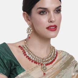 Peora Gold Plated Red Pearl & Kundan Stone Studded Choker Necklace & Earring Set-picture-40
