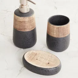 Home Centre Set Of 3 Black & Brown Patterned Ceramic Bathroom Accessories image 2