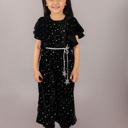 LIL DRAMA Girls Printed Culotte Jumpsuit With Cord Belt-Black-picture-46