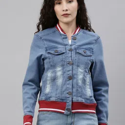 Campus Sutra Women Blue Washed Windcheater Outdoor Denim Jacket-picture-20