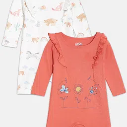 Broon Girls Pack of 2 Orange & Off White Printed Pure Organic Cotton Rompers-picture-32