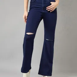DOLCE CRUDO Women Cotton Bootcut High-Rise Slash Knee Stretchable Jeans-image-10
