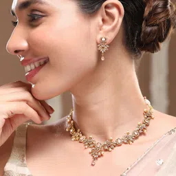 Rubans 22K Gold Plated Pink Stone & Cubic Zirconia Floral Necklace Set with Pearl Drops-picture-35
