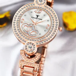 Franktime Women Brass Embellished Dial & Stainless Steel Bracelet Style Straps Analogue Watch FT-0015 R-picture-27