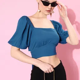 The Roadster Life Co. Ocean Blue Soul Ties Smocked Styled Back Fitted Crop Top-picture-22