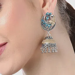 YouBella Blue & Gold-Toned Silver-Plated Stone Studded Peacock & Dome Shaped Jhumkas-picture-14