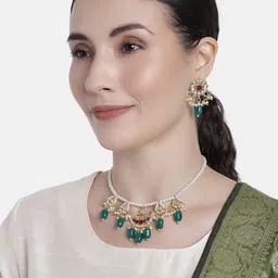 I Jewels Gold Plated Green & White Beaded Pearl Moti Mala Necklace Jewellery Set-picture-28
