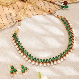 Rubans 22K Gold-Plated Green Stone & Pearl Beaded Traditional Jewellery Set-picture-31