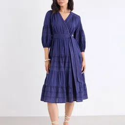 Styli Women Self Design Tiered Schiffli Puff Sleeve Wrap Midi Dress-image-63