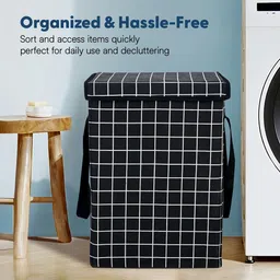 Aura 3Pcs White & Black Checked Foldable Laundry Bags With Lid 75 L Each image 4