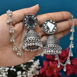 MEIRA JEWELLERY Silver-Plated Artificial Studded & Beaded Oxidised Dome Shaped Jhumkas-picture-19