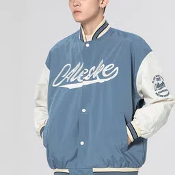 HERE&NOW Men Typography Printed Stand Collar Long Sleeve Varsity Jacket with Patchwork image 5