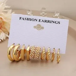 TheVineGirl Set Of 5 Gold-Plated Pearls Beaded Circular Hoop Earrings-picture-17