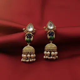 PANASH Gold-Plated Artificial Stones Studded And Pearls Beaded Dome Shaped Jhumkas-image-31