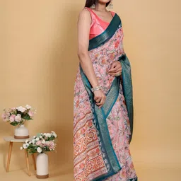 Suraj pari singh Pure Linen Floral Printed Woven Design Zari Saree With Blouse Piece image 2