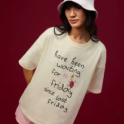 The Souled Store Typography Printed Drop-Shoulder Sleeves Oversized Pure Cotton T-shirt-image-92