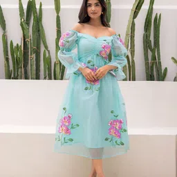 Ambraee Sky Blue Floral Printed Bishop Sleeves Organza Empire Midi Dress-picture-16