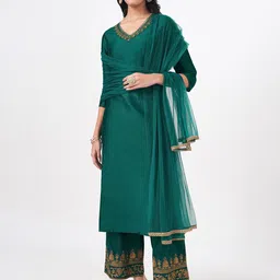 RANGMANCH BY PANTALOONS Women Embroidered Regular Kurta with Trousers & With Dupatta-image-15