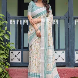 MAHARANI COUTURE Floral Printed Woven Design Border Pure Linen Banarasi Saree-picture-41