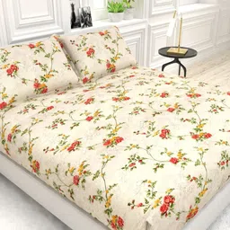 THE WHITE MOSS Cream-Coloured Floral 220 TC King Bedsheet with 2 Pillow Covers image 2