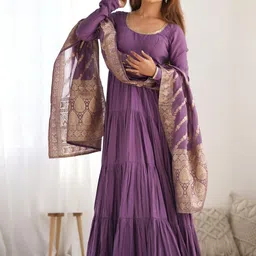 VASTRABELLA Women Tiered Pure Silk Kurta with Palazzos & With Dupatta-picture-11