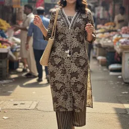 SZN Women Floral Printed Regular Thread Work Pure Cotton Kurta with Palazzos image 5