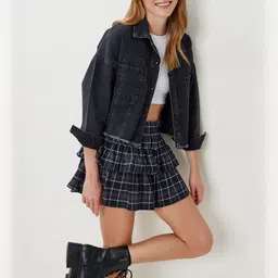 Happiness istanbul Spread Collar Pure Cotton Crop Denim Jacket-picture-17