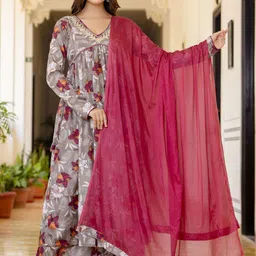 Anouk Women Floral Printed Empire Aari Work Kurta with Palazzos & With Dupatta image 4