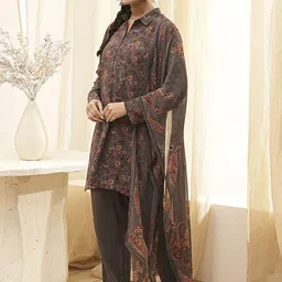Biba Floral Printed Shirt Collar Kurta With Trouser And Dupatta image 4