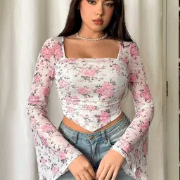 Womenster Floral Printed Off-Shoulder Net Bardot Crop image 4