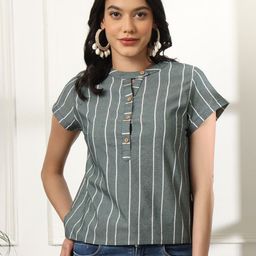 Anouk Rustic Women's Olive Striped Mandarin Collar Cotton Shirt Style Top-picture-11