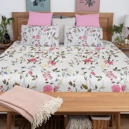 HARYANA HOOPS Off White & Pink Floral Printed 220 TC Queen Bedsheet Set 2.25 m x 2.50 m-image-2