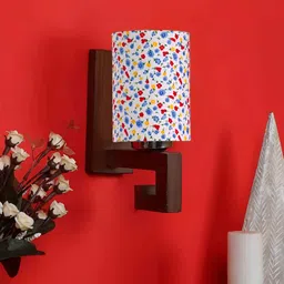 Devansh White & Blue Printed Wood Traditional Cylinder Shaped Wall Lamp image 2