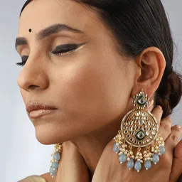 PATOLA BY VJ Gold Plated Stones Studded & Beaded Contemporary Shaped Drop Earrings image 4